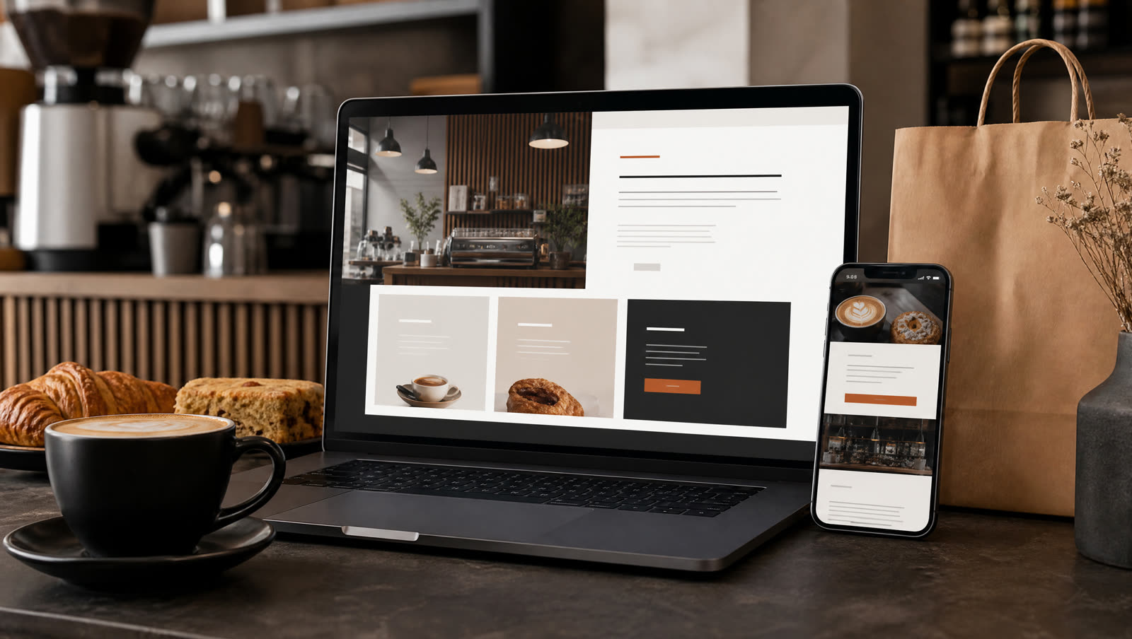Laptop showing a cafe ordering website on a busy cafe counter.