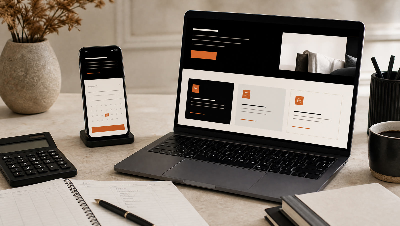 Laptop showing a professional services website on a realistic office desk.