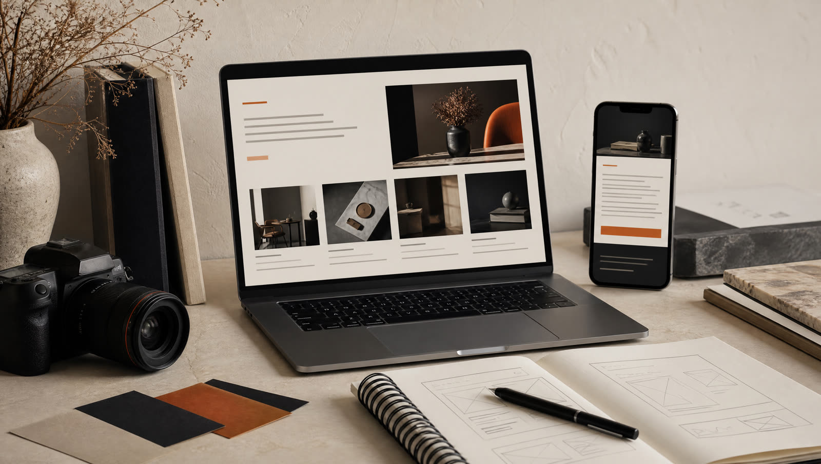 Laptop showing a freelancer portfolio website on a realistic working desk.