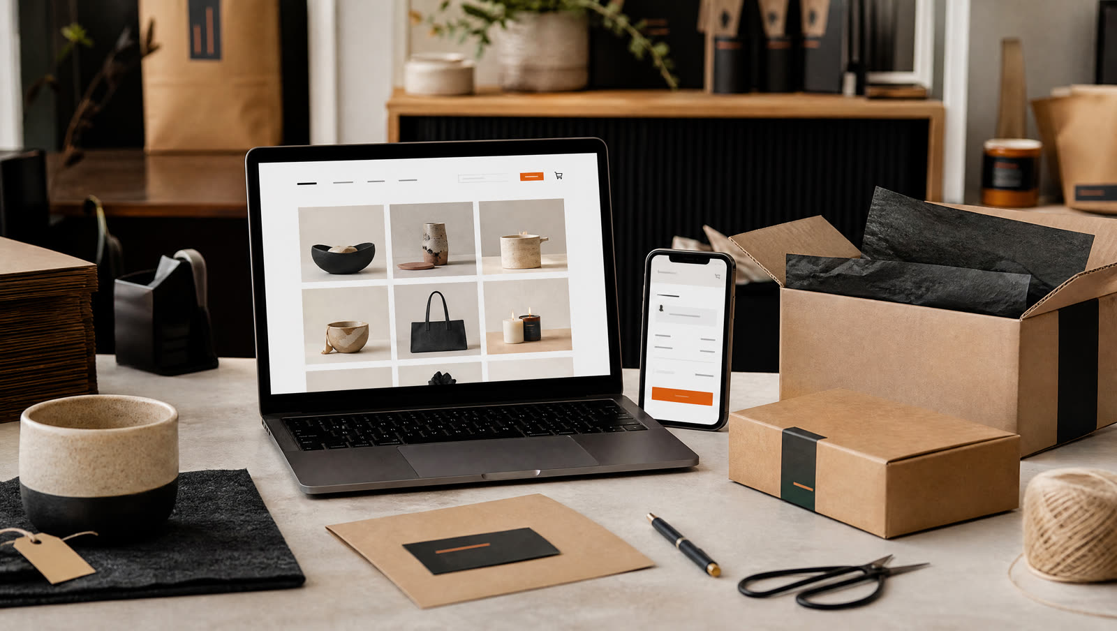 Laptop showing an ecommerce website on a busy independent shop packing counter.