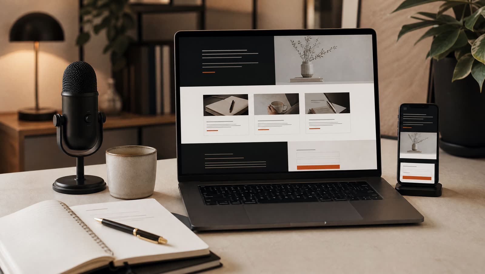 Laptop showing a polished personal brand website in a realistic home workspace.
