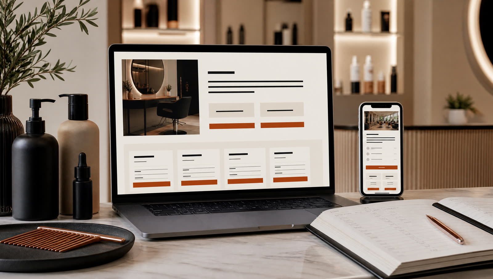 Laptop showing a salon booking website on a busy salon reception counter.