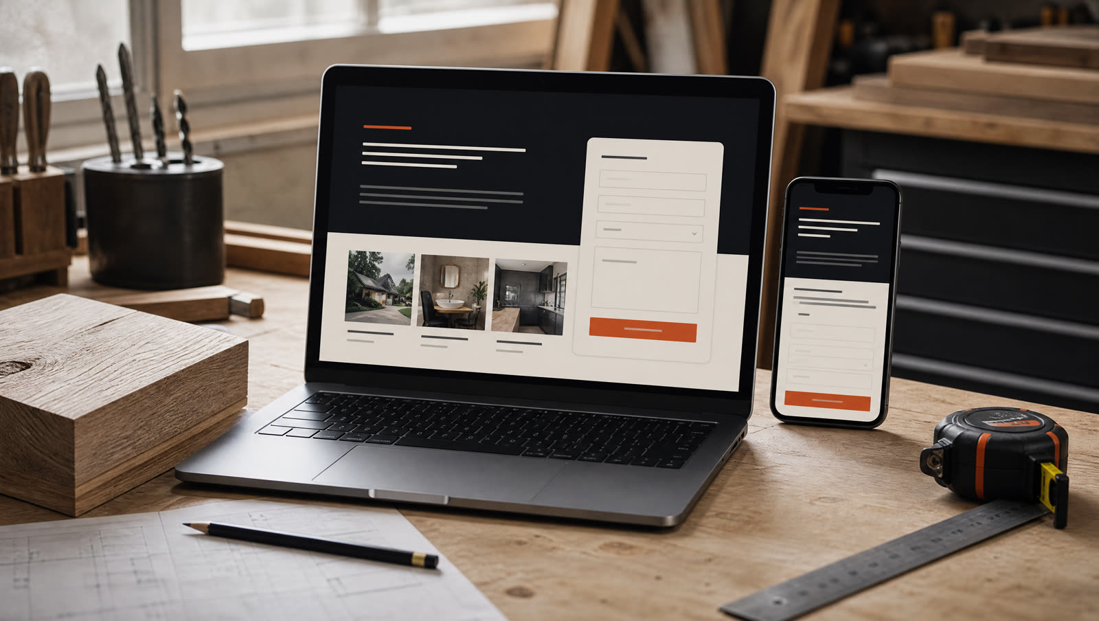 Laptop showing a trades quote website on a busy workshop bench.